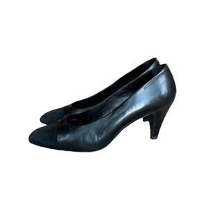 Prada Milano Black Leather Pump Heels Suede Toe 37.5